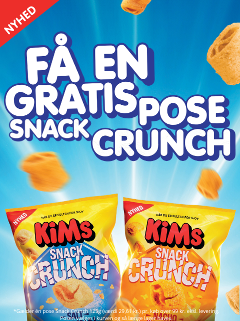 KiMs Snack Crunch banner "Få en gratis pose Snack Crunch" Mobile verison.